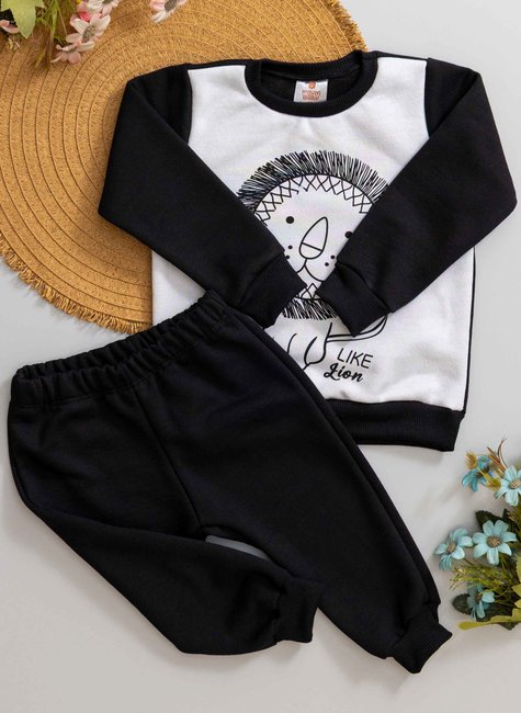 Conjunto Infantil em Moletom Peluciado Preto Leão